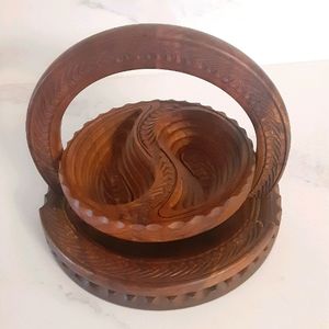 Yin Yang Wood Carving Collapsible Basket  Decor